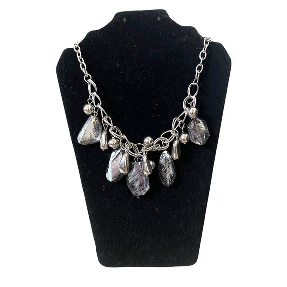 Black + Gray Metallic Chrome Mismatched Adjustable Beaded Necklace Silver Tone - Picture 1 of 4